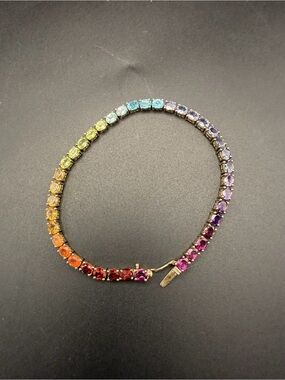 Natural Multi Gemstone Tennis Bracelet 925 Sterling Gold Plated Rainbow 8.5”